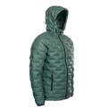 Angled front view of a Outdoor Vitals insulated hooded jacket, featuring quilted baffles and a full-length zipper.