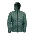 A NovaPro men's down jacket with a hood, featuring a zipper front and quilted design warmth.