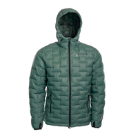 A NovaPro men's down jacket with a hood, featuring a zipper front and quilted design warmth.