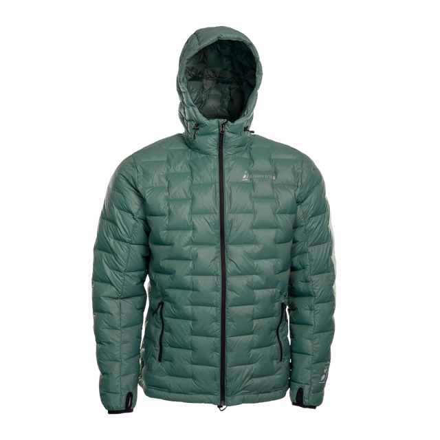 A NovaPro men's down jacket with a hood, featuring a zipper front and quilted design warmth.