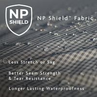 NP Shield fabric with water droplets and text highlighting features