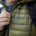 Close-up of the brand text logo on the chest of a NovaUL down jacket.