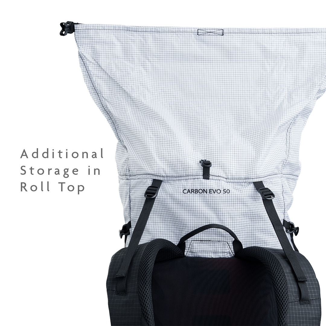 Backpack roll-top closure expanded to show additional storage capacity.