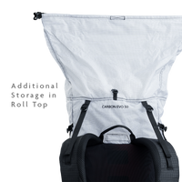 Backpack roll-top closure expanded to show additional storage capacity.