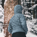 A person viewed from behind wearing a quilted puffer jacket in a snowy outdoor setting, with text callouts pointing to the fitted hood and adjustable hem.