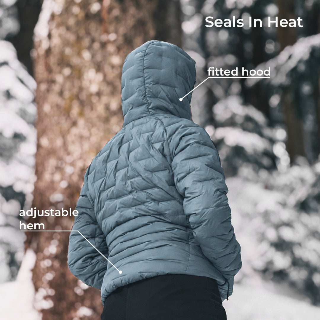 A person viewed from behind wearing a quilted puffer jacket in a snowy outdoor setting, with text callouts pointing to the fitted hood and adjustable hem.