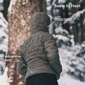 A person viewed from behind wearing a quilted puffer jacket in a snowy outdoor setting, with text callouts reading 'Seals In Heat', 'fitted hood', and 'adjustable hem'.
