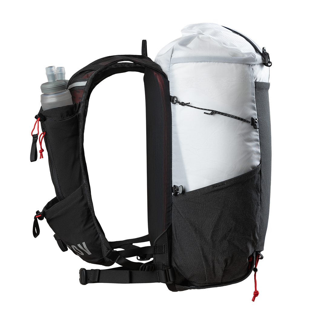 Studio side view of the Outdoor Vitals Skyline 30 Fastpack vest harness and soft flask pockets.