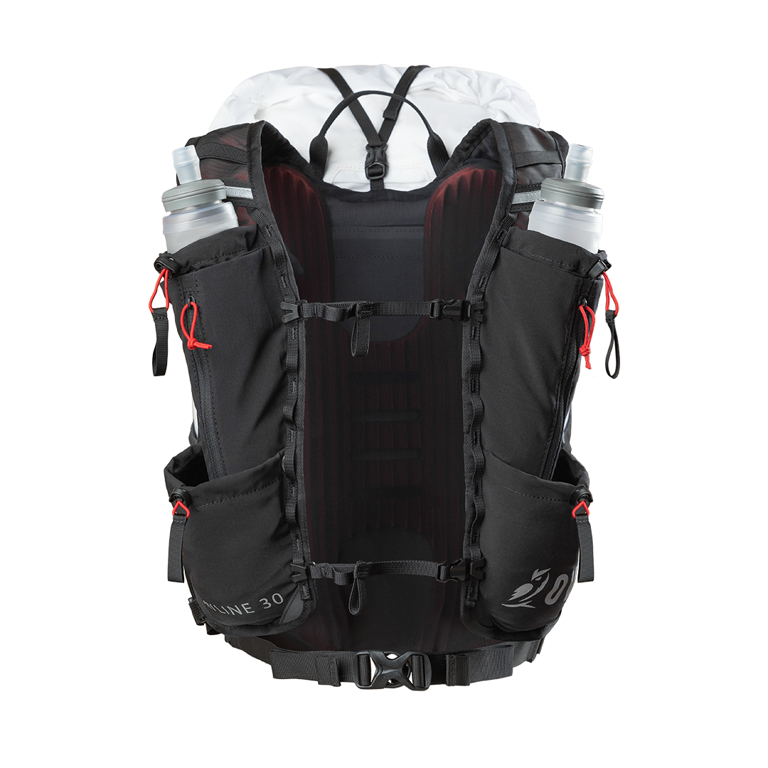 Studio rear view of the Outdoor Vitals Skyline 30 Fastpack vest harness and soft flask pockets.