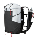 45 degree perspective view of the Outdoor Vitals Skyline 30 Fastpack showcasing the large front stretch-mesh pocket, side compression cording, vest-style shoulder straps with a soft flask inserted, and bottom gear attachment cords.