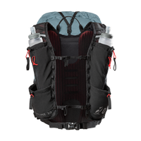 A black and dark red technical hiking backpack shown from the back, featuring side water bottle pockets with clear bottles, a blue-gray top panel, and a red padded back insert, photographed on a white background.