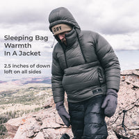 A man wearing a dark gray puffer jacket with a hood, black puffer pants, and gloves, standing on rocky outdoor terrain under a cloudy sky. Text on the left reads 'Sleeping Bag Warmth In A Jacket' and '2.
