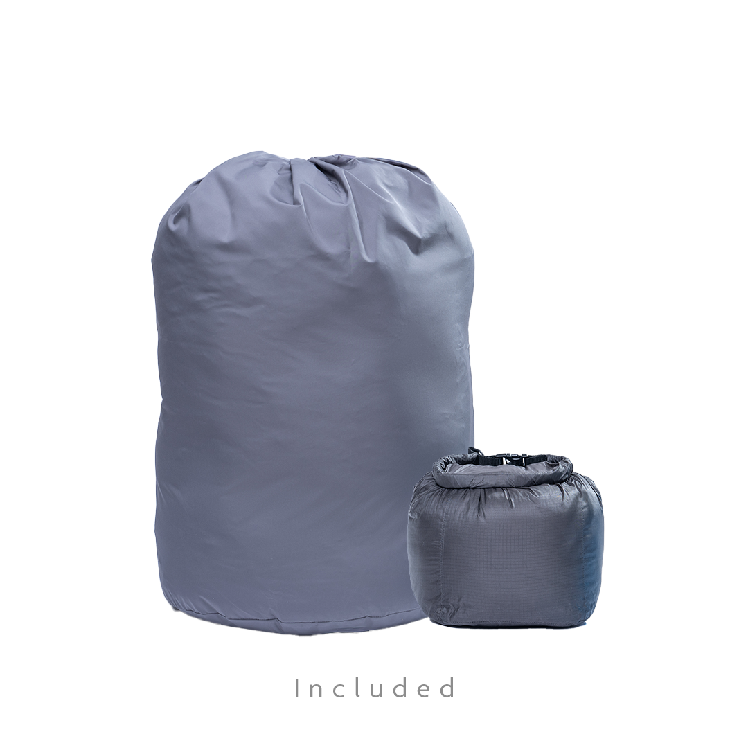 Storage sack and compression dry sack included with Outdoor Vitals Summit Down Sleeping Bag.