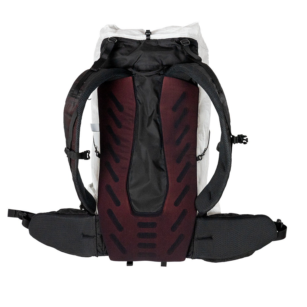 rear view of ultralight backpack for hiking showing back panel & shoulder straps