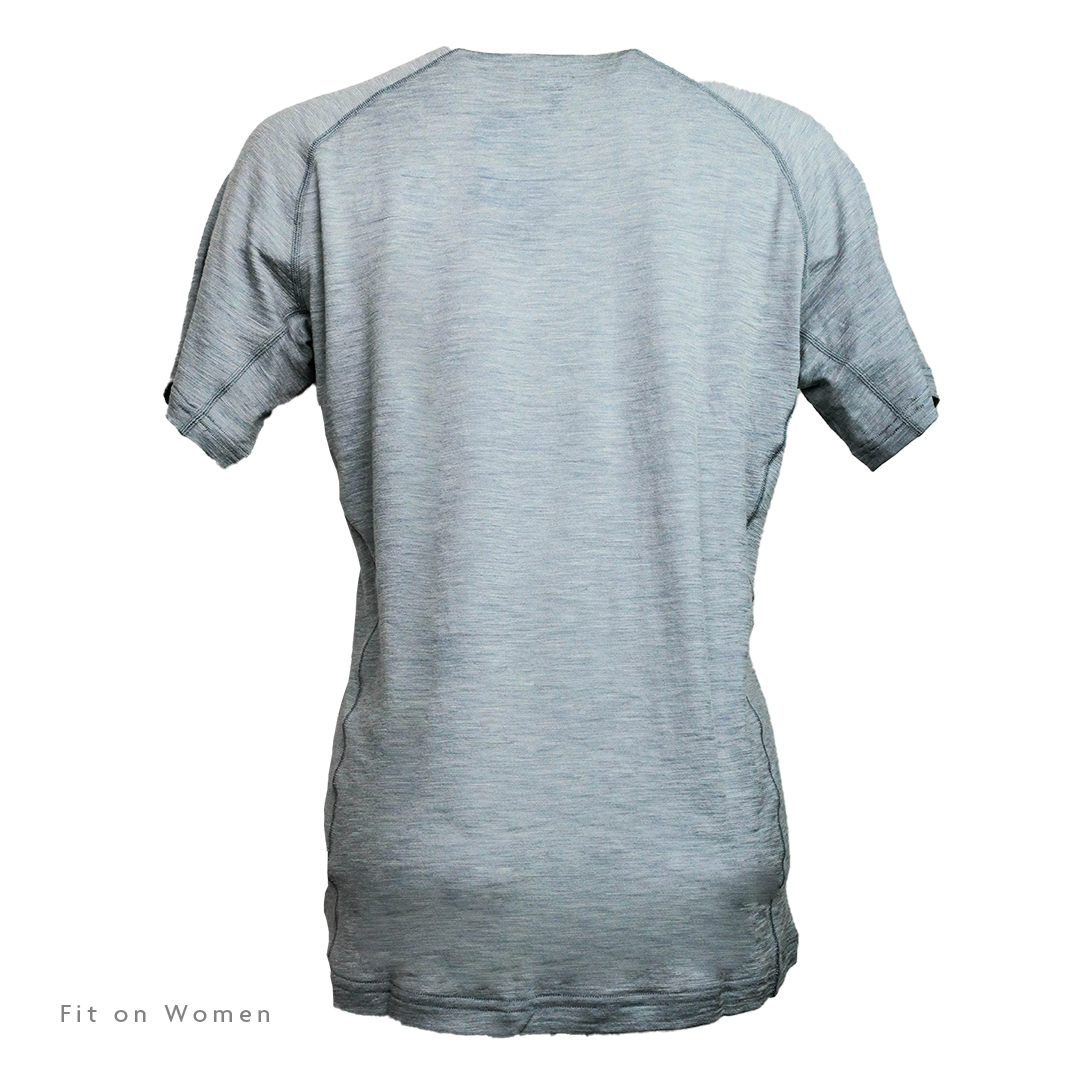 Rear view of Outdoor Vitals Tern Ultralight Merino Wool Tee fit on women