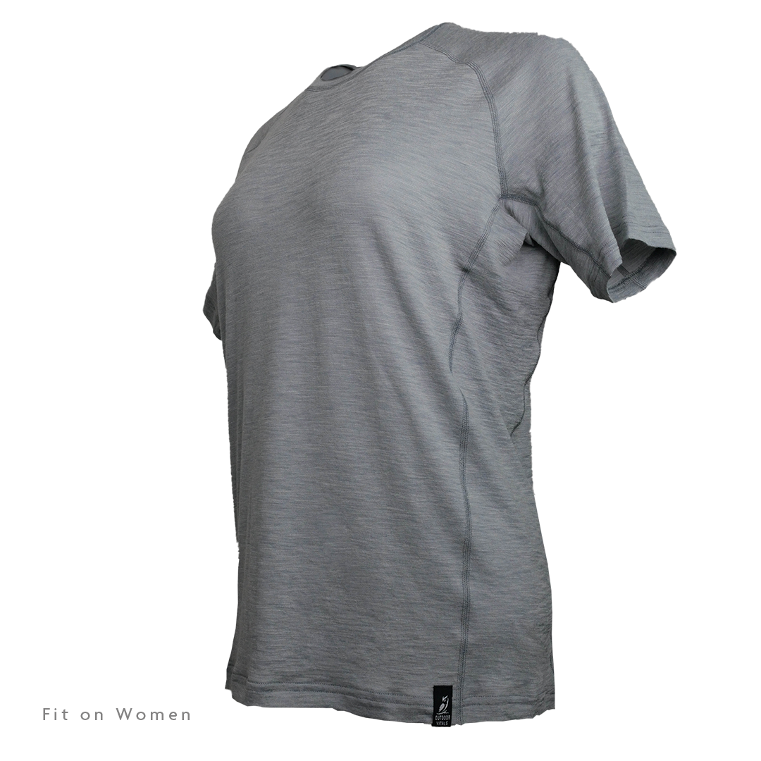 Angled view of Outdoor Vitals Tern Ultralight Merino Wool Tee fit on women
