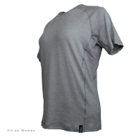 Angled view of Outdoor Vitals Tern Ultralight Merino Wool Tee fit on women