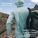 A man wearing a light blue long-sleeve hooded shirt is shown from behind in an outdoor mountain setting, carrying a black backpack. Text overlays highlight the shirt's shape-holding and drying performance using NuYarn Wool.
