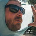 Close-up of a man wearing a light wool hooded sun shield and black sunglasses outdoors, with text in the lower right reading '5.4 oz UPF 36+'.