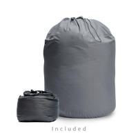 Two storage bags for a backpacking quilt: a large drawstring long-term storage sack and a smaller compressible stuff sack.