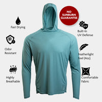 Turquoise- Long-sleeve hoodie with sun protection features on a white background