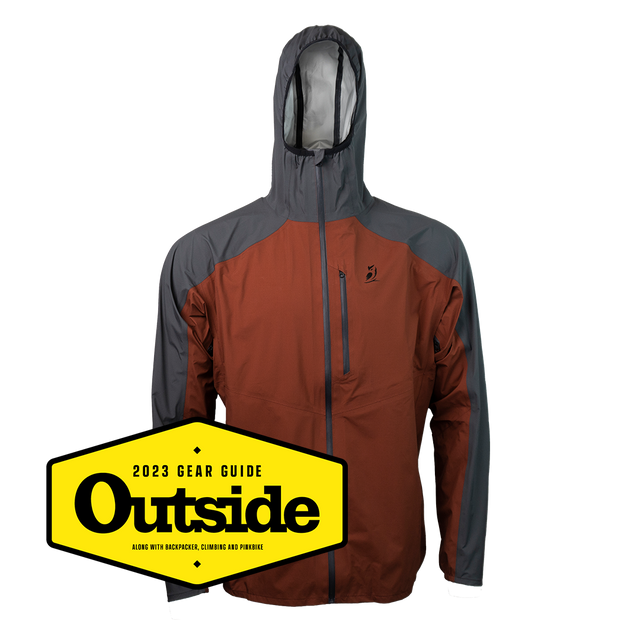 Outdoor Vitals Tushar Rain Jacket with an Outside Magazine 2023 Gear Guide badge