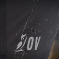 Macro shot of water beading on water-resistant Outdoor Vitals Skyline Trail Shorts with OV logo.