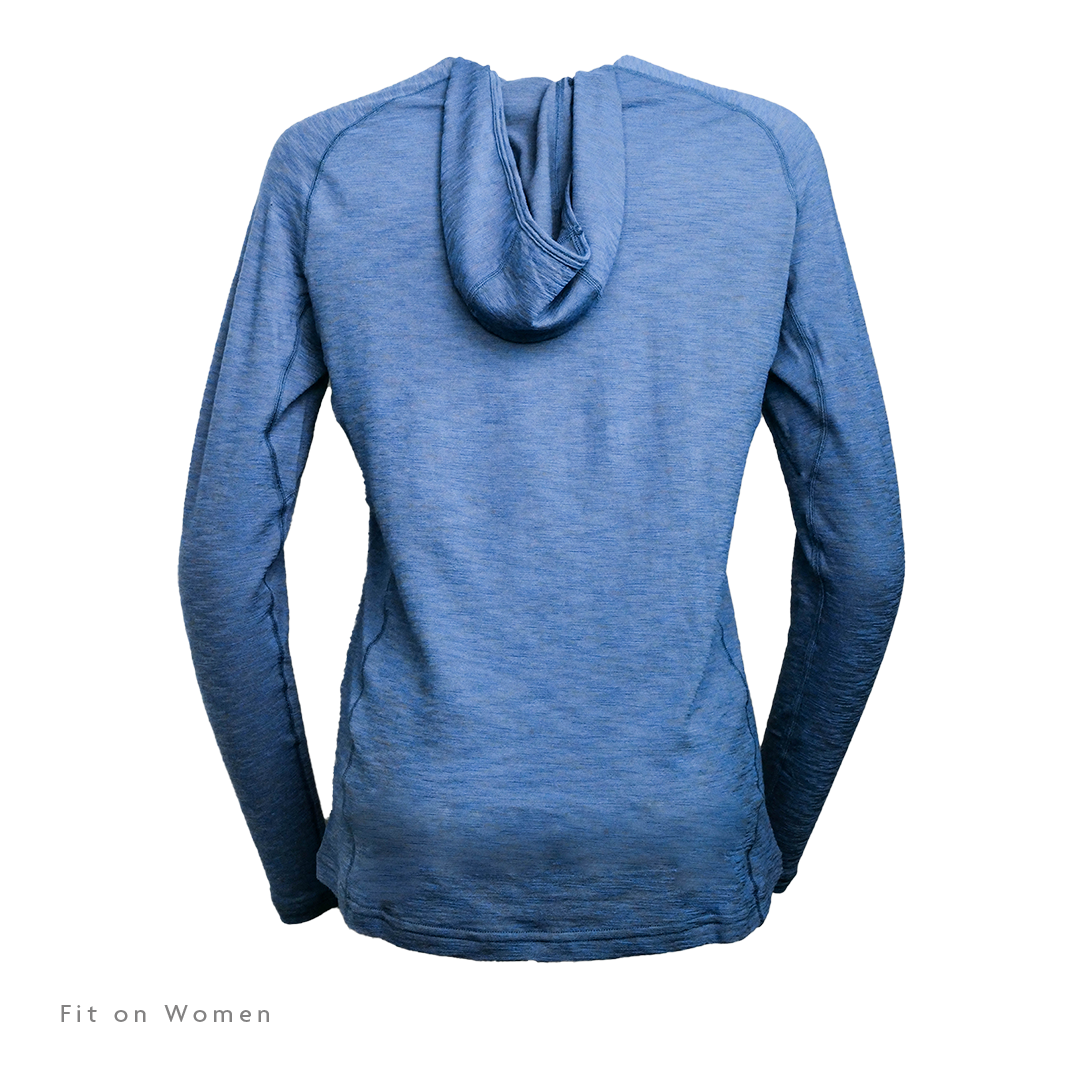Rear view of Tern Ultralight Merino Wool Hoodie fit on women