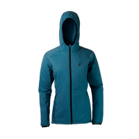 front view of women's full zip hooded jacket for backpacking