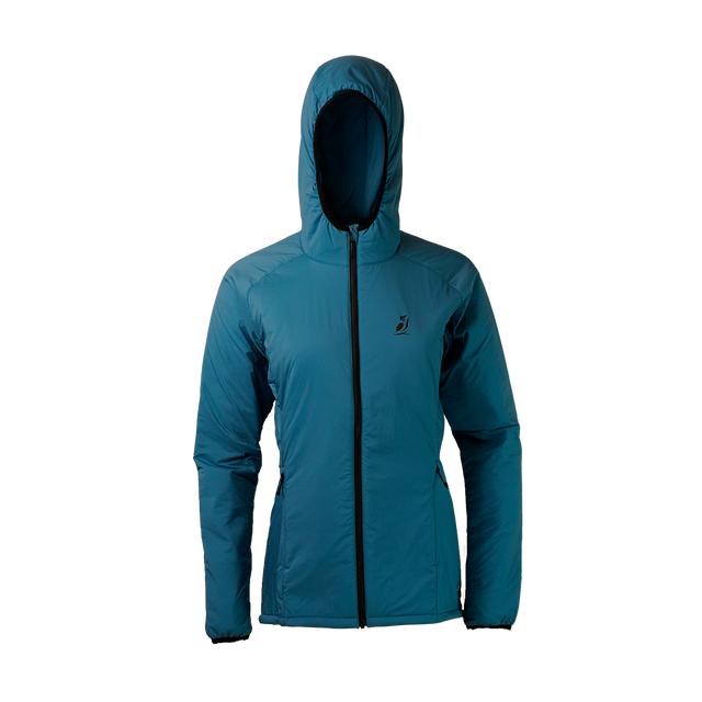 front view of women's full zip hooded jacket for backpacking