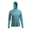 Turquoise - Ultralight synthetic hoodie with a hood, displaying true flat-lock seams and a minimal clean collar.