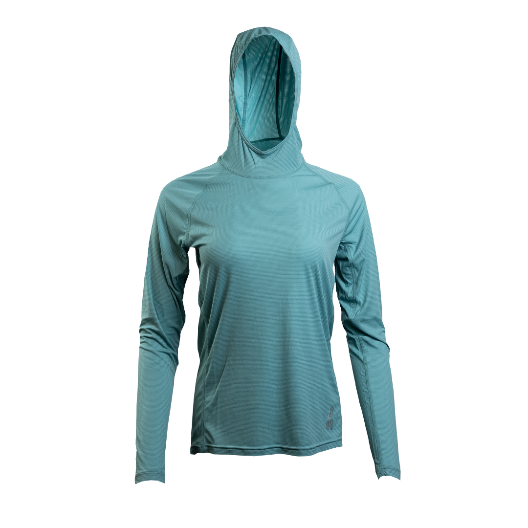 Turquoise - Ultralight synthetic hoodie with a hood, displaying true flat-lock seams and a minimal clean collar.