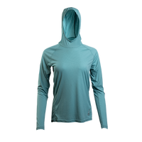 Turquoise - Ultralight synthetic hoodie with a hood, displaying true flat-lock seams and a minimal clean collar.