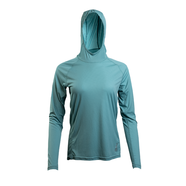 Turquoise - Ultralight synthetic hoodie with a hood, displaying true flat-lock seams and a minimal clean collar.