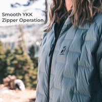 A close-up of a person wearing a light blue-gray puffer jacket outdoors, with the text 'Smooth YKK Zipper Operation' overlaid on the left side. The jacket has a black zipper and a small black YKK logo on the chest.