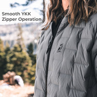 A close-up of a person wearing a gray quilted puffer jacket outdoors, with the text 'Smooth YKK Zipper Operation' overlaid on the left side. The jacket has a black zipper and a small black YKK logo on the chest.