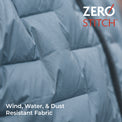 Close-up of a quilted puffer jacket fabric in a muted blue-gray color, with the Zero Stitch logo in the top right and text reading 'Wind, Water, & Dust Resistant Fabric' in the bottom left.