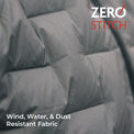 Close-up of a gray quilted fabric surface with padded sections and overlaid text reading 'Wind, Water, & Dust Resistant Fabric' and a 'ZERO STITCH' logo in the top right.