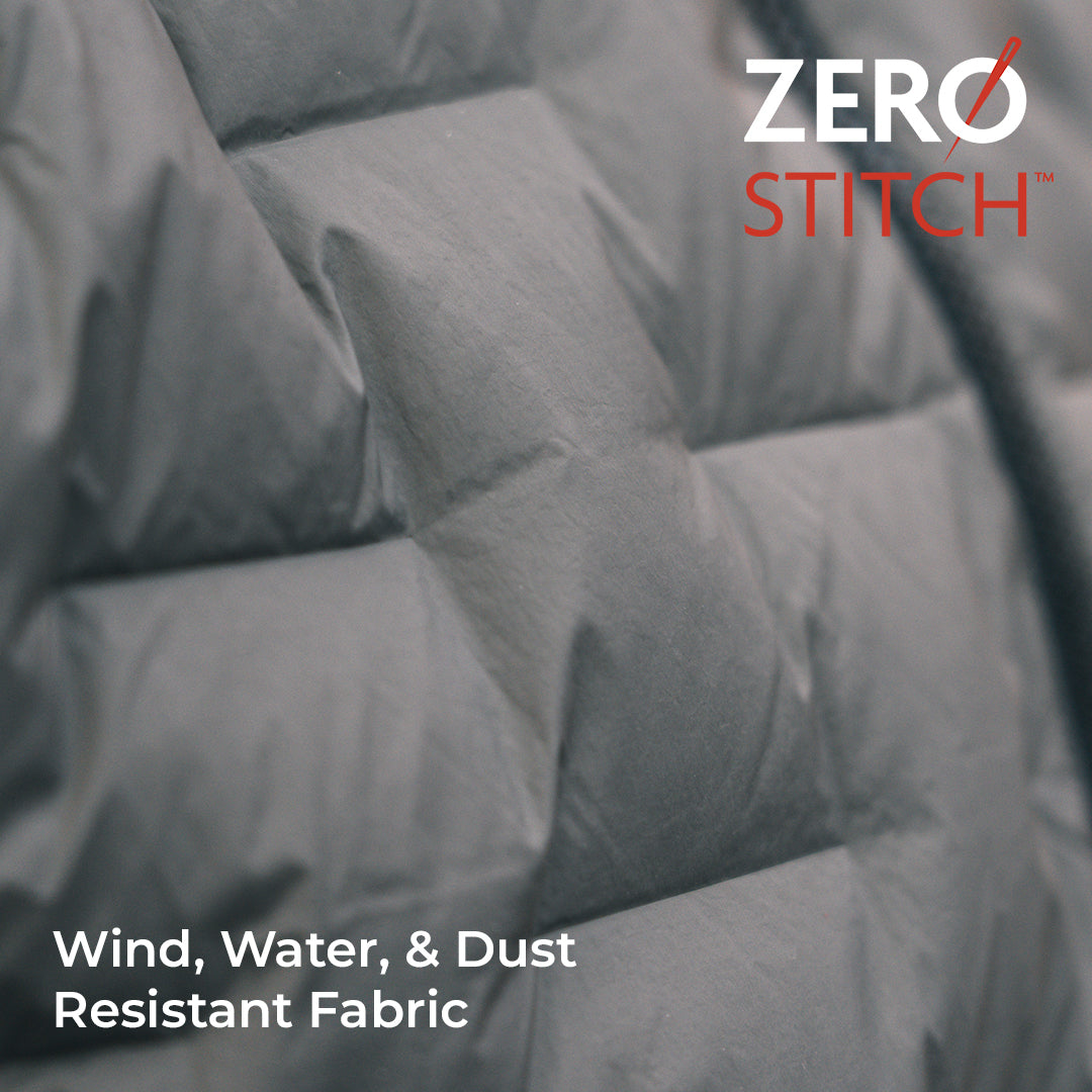 Close-up of a gray quilted fabric surface with padded sections and overlaid text reading 'Wind, Water, & Dust Resistant Fabric' and a 'ZERO STITCH' logo in the top right.