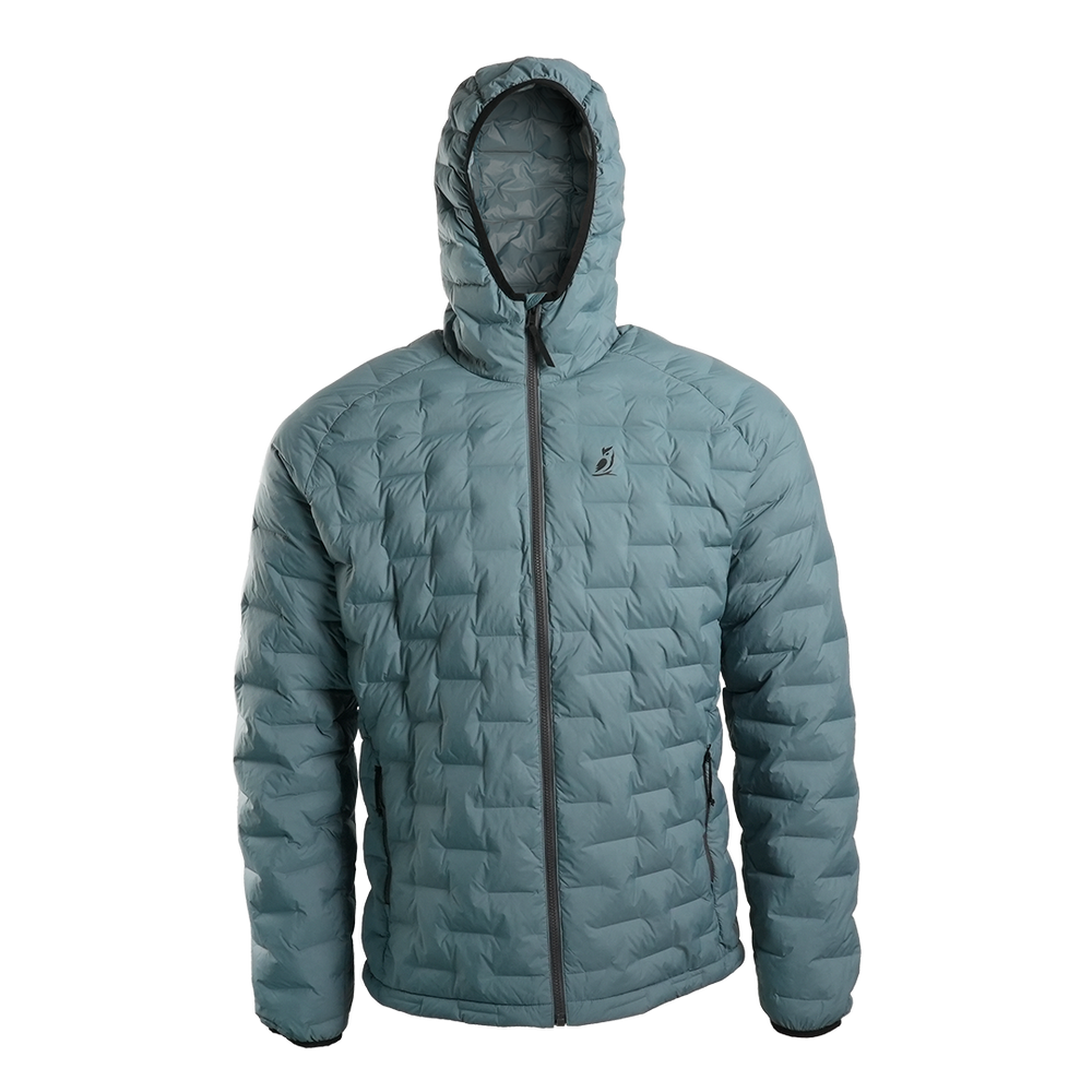 Front view of Outdoor Vitals Zulu Down Jacket displaying minimalist ultralight construction and zippered hand pockets.