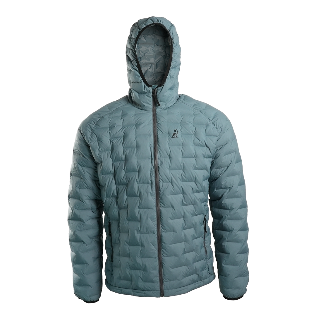 Front view of Outdoor Vitals Zulu Down Jacket displaying minimalist ultralight construction and zippered hand pockets.