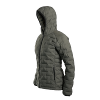 Outdoor Vitals Women’s Zulu Down Jacket – 45-degree left angle highlighting baffled construction and ultralight design.