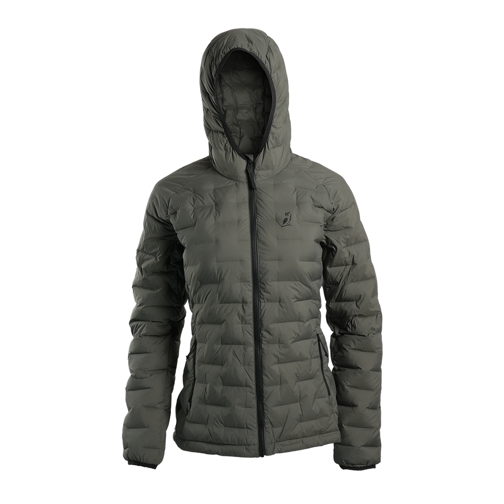 Outdoor Vitals Women’s Zulu Down Jacket – front view with hood up, showcasing minimalist design and premium down loft.