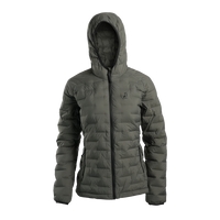 Outdoor Vitals Women’s Zulu Down Jacket – front view with hood up, showcasing minimalist design and premium down loft.