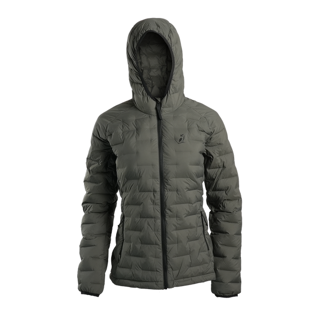 Outdoor Vitals Women’s Zulu Down Jacket – front view with hood up, showcasing minimalist design and premium down loft.