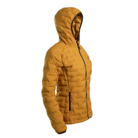 Outdoor Vitals Women’s Zulu Down Jacket in – 45-degree right angle displaying athletic cut, hood, and zippered hand pockets.