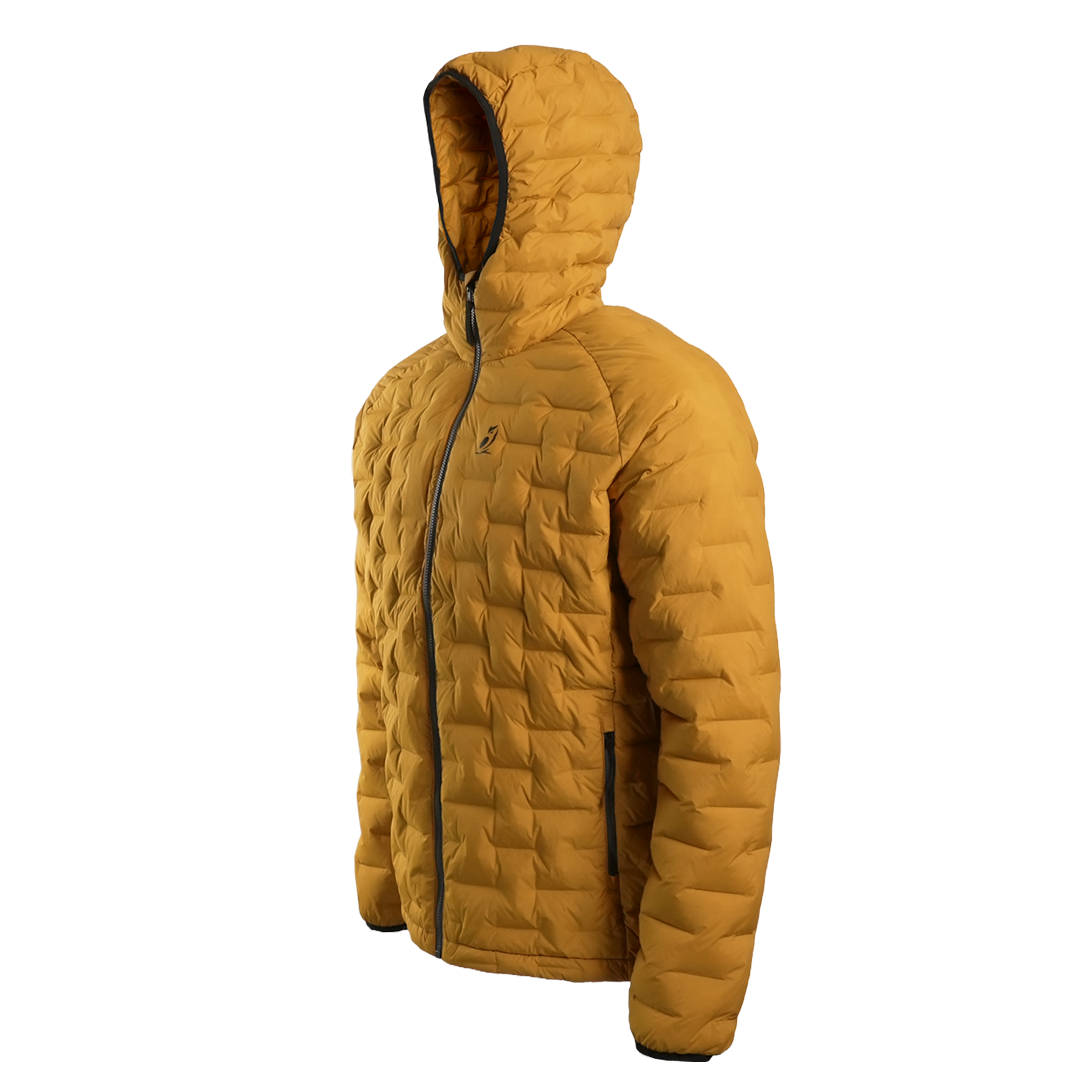 Outdoor Vitals Zulu Down Jacket angled left, lightweight puffer design with adjustable hood and full-zip front.