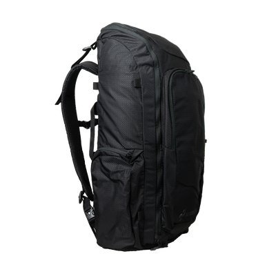 Side profile view of the Outdoor Vitals KotaUL Ultralight Travel & Adventure Backpack, showcasing the deep water bottle side pocket, zippered front access panel, and contoured shoulder strap system.