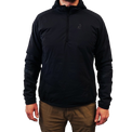 Close-up of a men's black lightweight half-zip hooded outdoor jacket.
