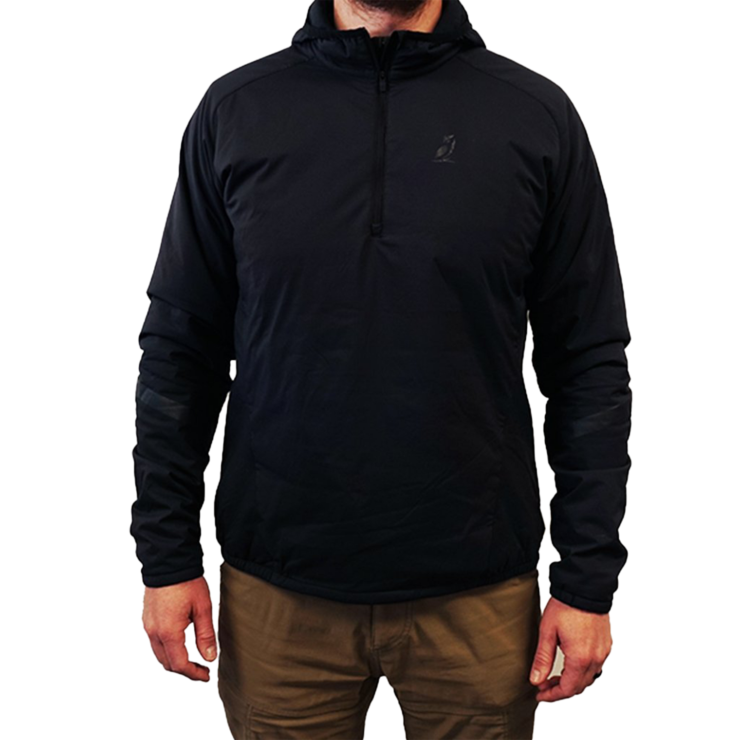 Close-up of a men's black lightweight half-zip hooded outdoor jacket.